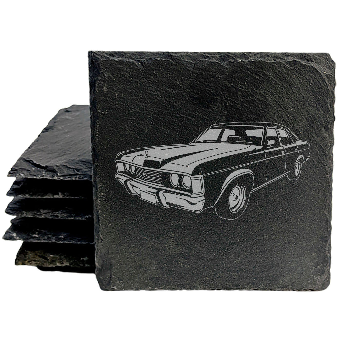1976 Ford Fairlane ZH Design Rustic Gray Slate Coasters Set of 4 Laser Etched Round or Square Natural Chipped Edge Rubber Feet Great Gift for Holidays Birthdays Housewarming Made in Oregon USA