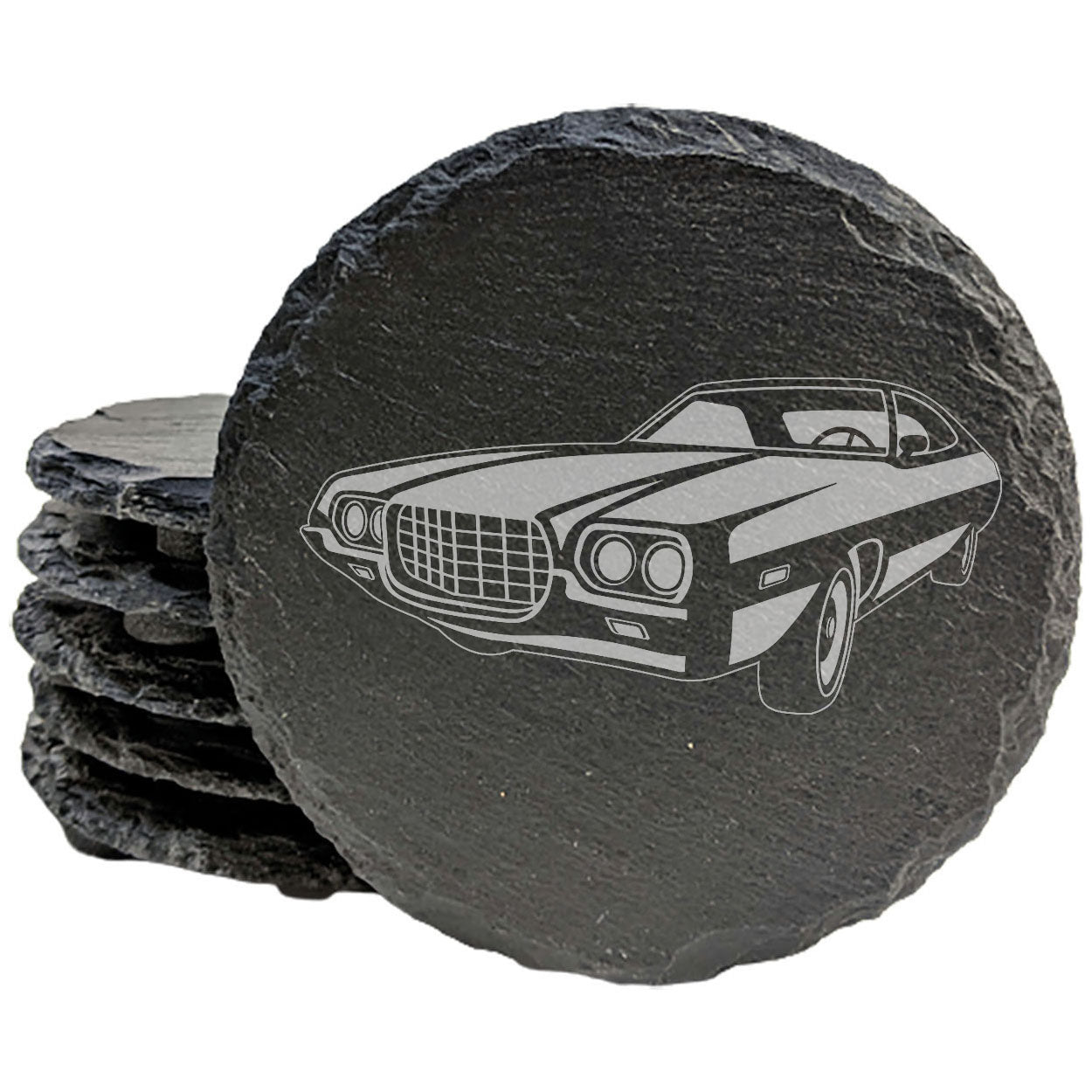 Vintage 1972 Ford Gran Torino Sport Design - Rustic Slate Coasters Set | Laser-Etched Drink Mats for Car Enthusiasts & Home Decor
