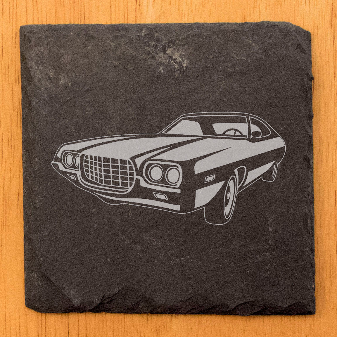 Vintage 1972 Ford Gran Torino Sport Design - Rustic Slate Coasters Set | Laser-Etched Drink Mats for Car Enthusiasts & Home Decor
