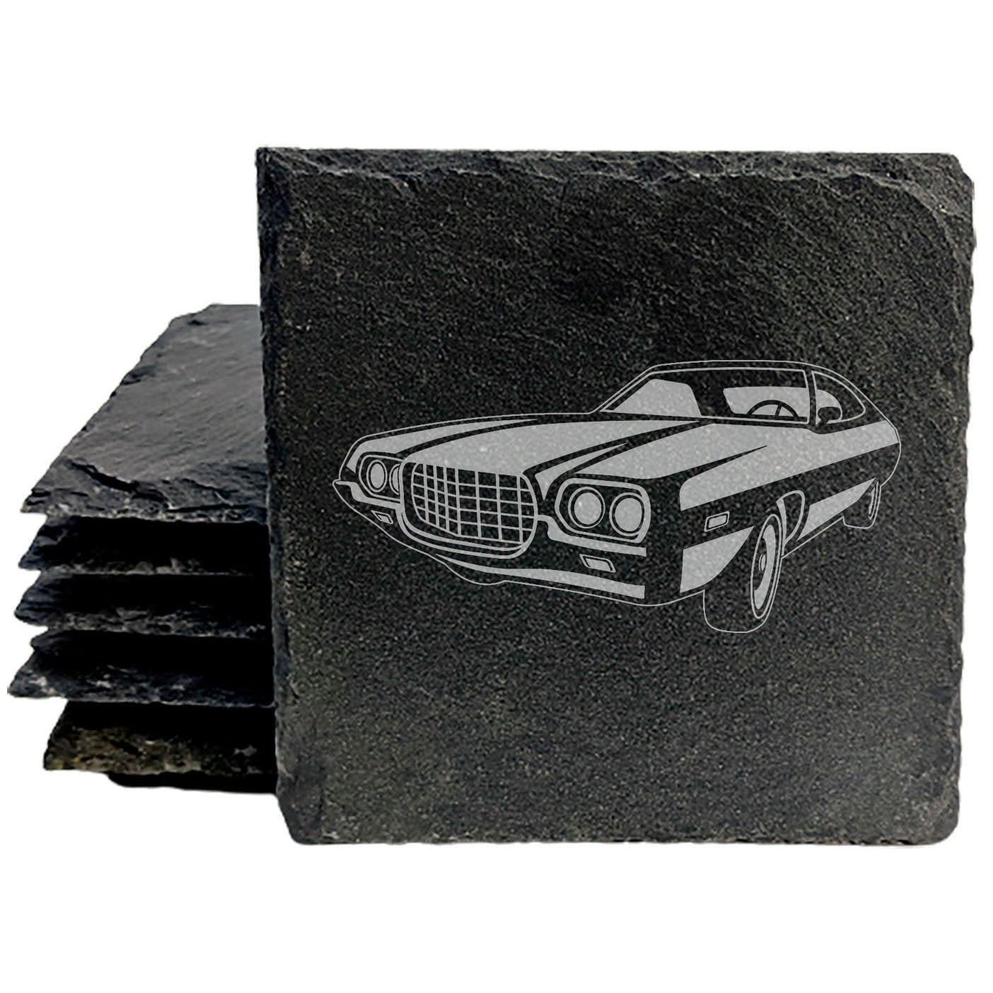 Vintage 1972 Ford Gran Torino Sport Design - Rustic Slate Coasters Set | Laser-Etched Drink Mats for Car Enthusiasts & Home Decor