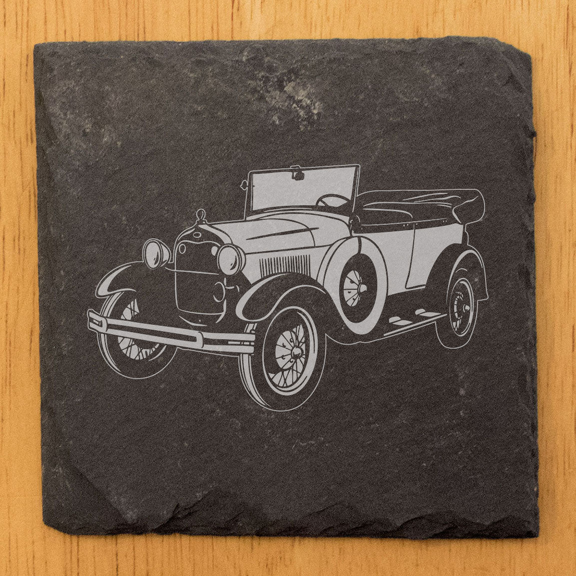 1929 Ford Model T Design Rustic Gray Slate Coasters Set of 4 - Laser Etched, Natural Chipped Edge, Rubber Feet - Perfect for She-Shed or Man Cave Decor, Gift for Holidays & Birthdays - Made in USA
