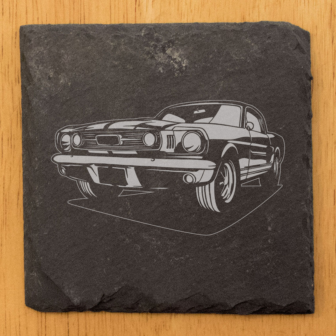 1965 Ford Mustang Design Rustic Gray Slate Coasters Set of 4 - Laser Etched, Perfect for Holidays, Birthdays & Housewarming Gifts - Round or Square with Natural Edge & Rubber Feet - Made in Oregon USA