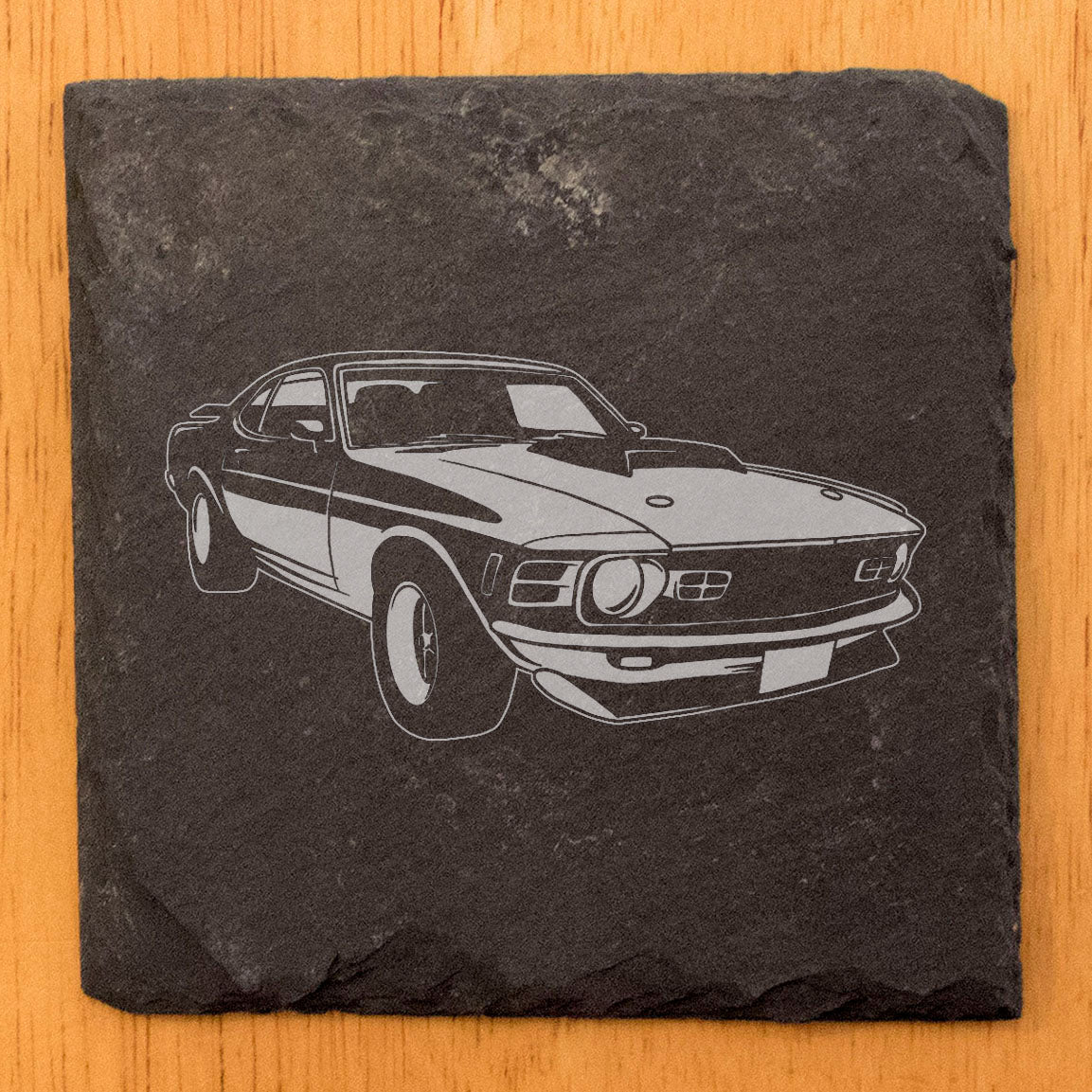 Premium Rustic Slate Coasters with Exquisite 1970 Ford Mustang Boss Design | Stylish Home Decor & Unique Gift for Car Enthusiasts | Laser Etched, Chipped Edges, Rubber Feet