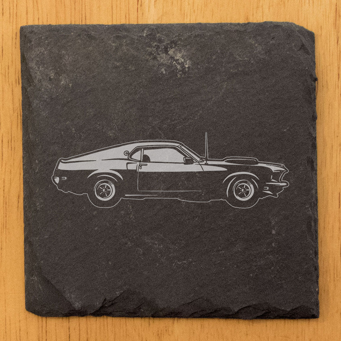 1969 Ford Mustang Boss 429 Design Rustic Gray Slate Coasters Set of 4 - Laser Etched, Natural Chipped Edge, Rubber Feet, Perfect for Holidays & Birthdays - Made in Oregon USA by Small Business