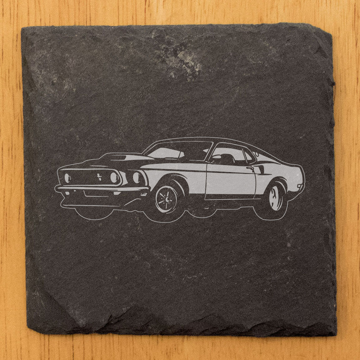 1969 Ford Mustang Boss 429 Design Rustic Gray Slate Coasters Set of 4 - Laser Etched, Natural Chipped Edge, Rubber Feet, Perfect for Holidays & Birthdays - Made in Oregon USA by Small Business