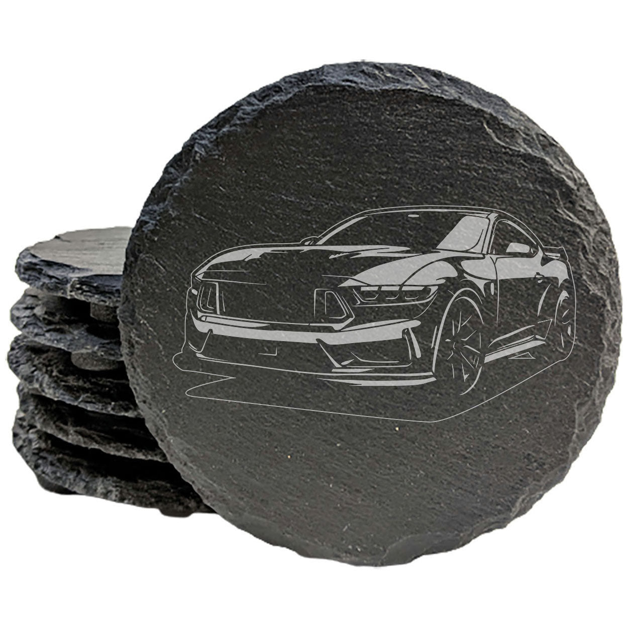 2023 Ford Mustang Dark Horse Design Rustic Gray Slate Coasters Set of 4 Laser Etched Perfect for Holidays Birthdays Housewarming She-Shed Man Cave Made in Oregon USA Natural Chipped Edge Rubber Feet