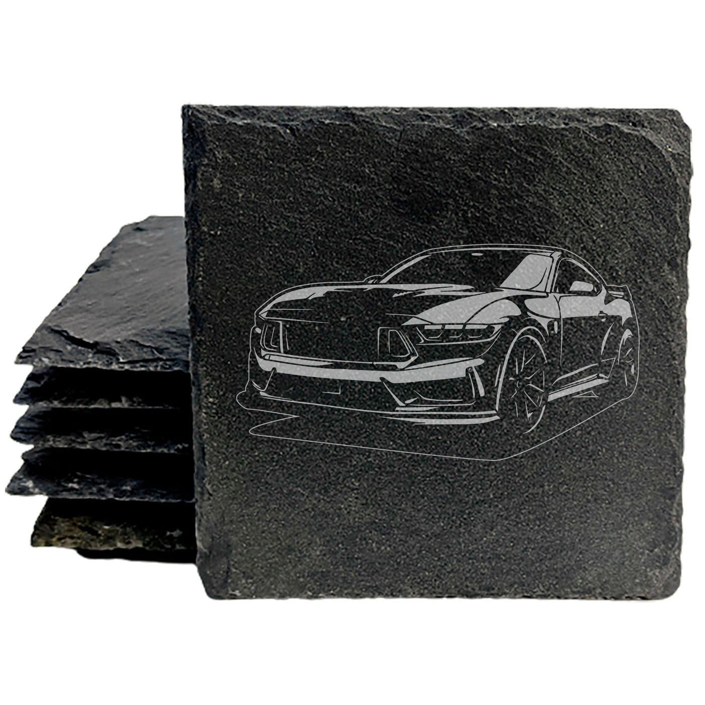 2023 Ford Mustang Dark Horse Design Rustic Gray Slate Coasters Set of 4 Laser Etched Perfect for Holidays Birthdays Housewarming She-Shed Man Cave Made in Oregon USA Natural Chipped Edge Rubber Feet