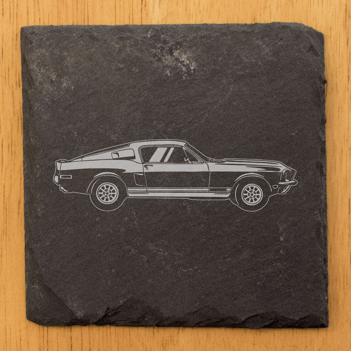 1968 Ford Mustang Shelby GT500 Laser Etched Rustic Gray Slate Coasters Set of 4 - Perfect All-Occasion for Holidays, Birthdays, Housewarming - Round or Square with Natural Chipped Edge & Rubber Feet
