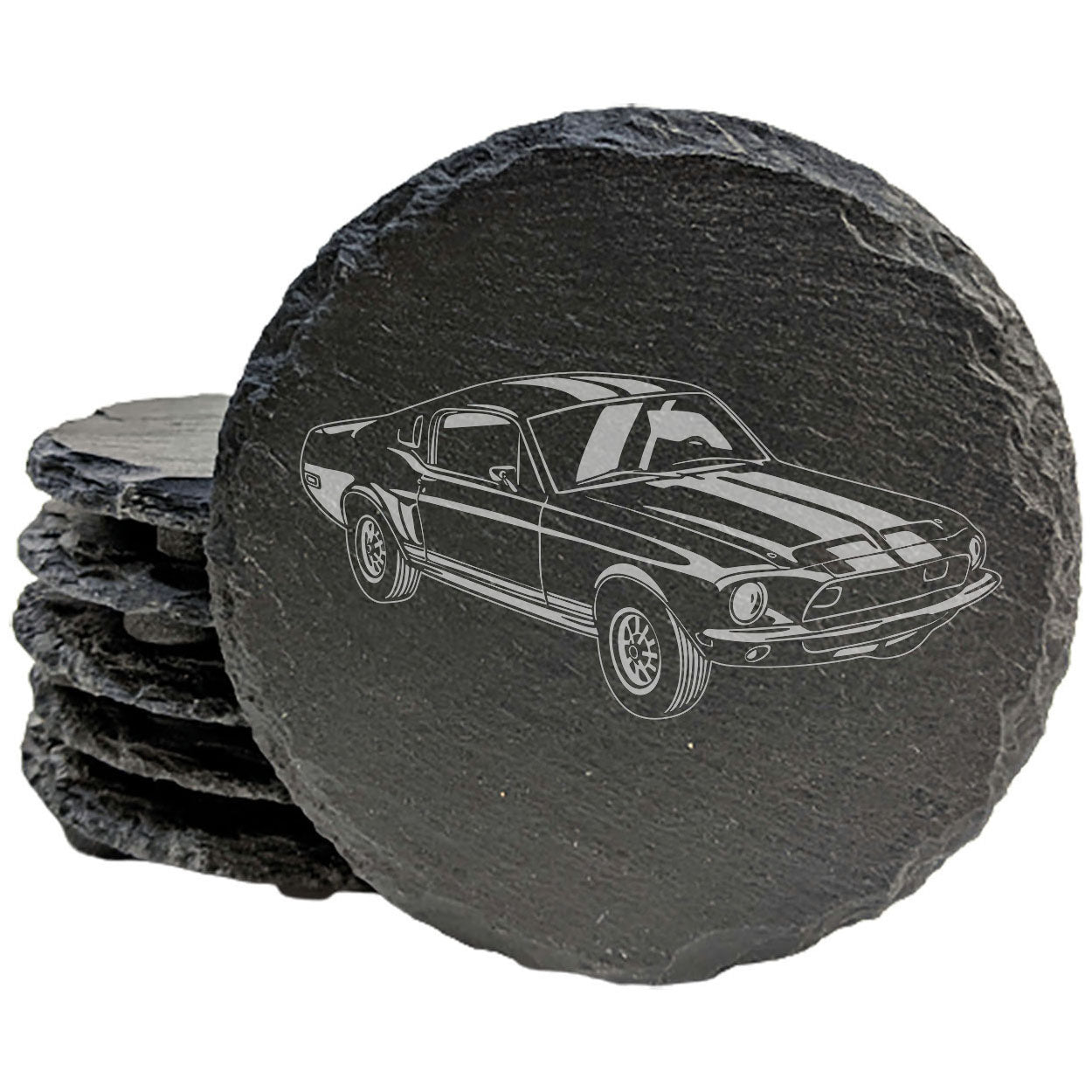 1968 Ford Mustang Shelby GT500 Laser Etched Rustic Gray Slate Coasters Set of 4 - Perfect All-Occasion for Holidays, Birthdays, Housewarming - Round or Square with Natural Chipped Edge & Rubber Feet