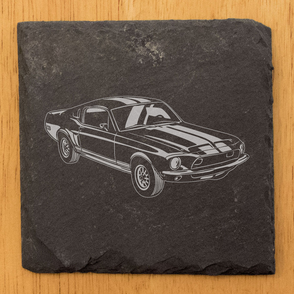 1968 Ford Mustang Shelby GT500 Laser Etched Rustic Gray Slate Coasters Set of 4 - Perfect All-Occasion for Holidays, Birthdays, Housewarming - Round or Square with Natural Chipped Edge & Rubber Feet