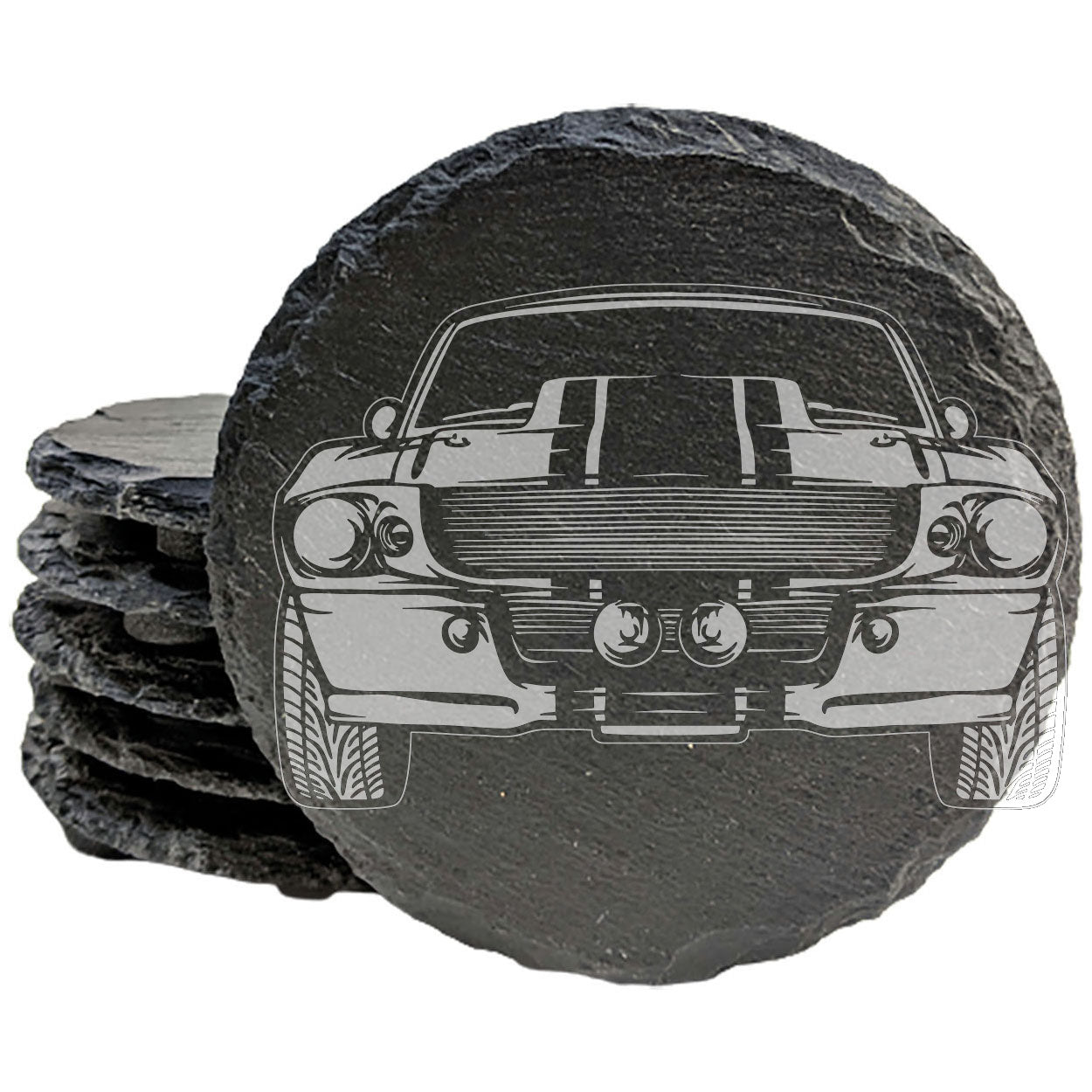 Ford Mustang Shelby GT500 Design Rustic Gray Slate Coasters Set of 4 - Laser Etched, Natural Chipped Edge, Rubber Feet - Perfect for She-Shed or Man Cave, Gifts for Holidays & Birthdays - Made in USA