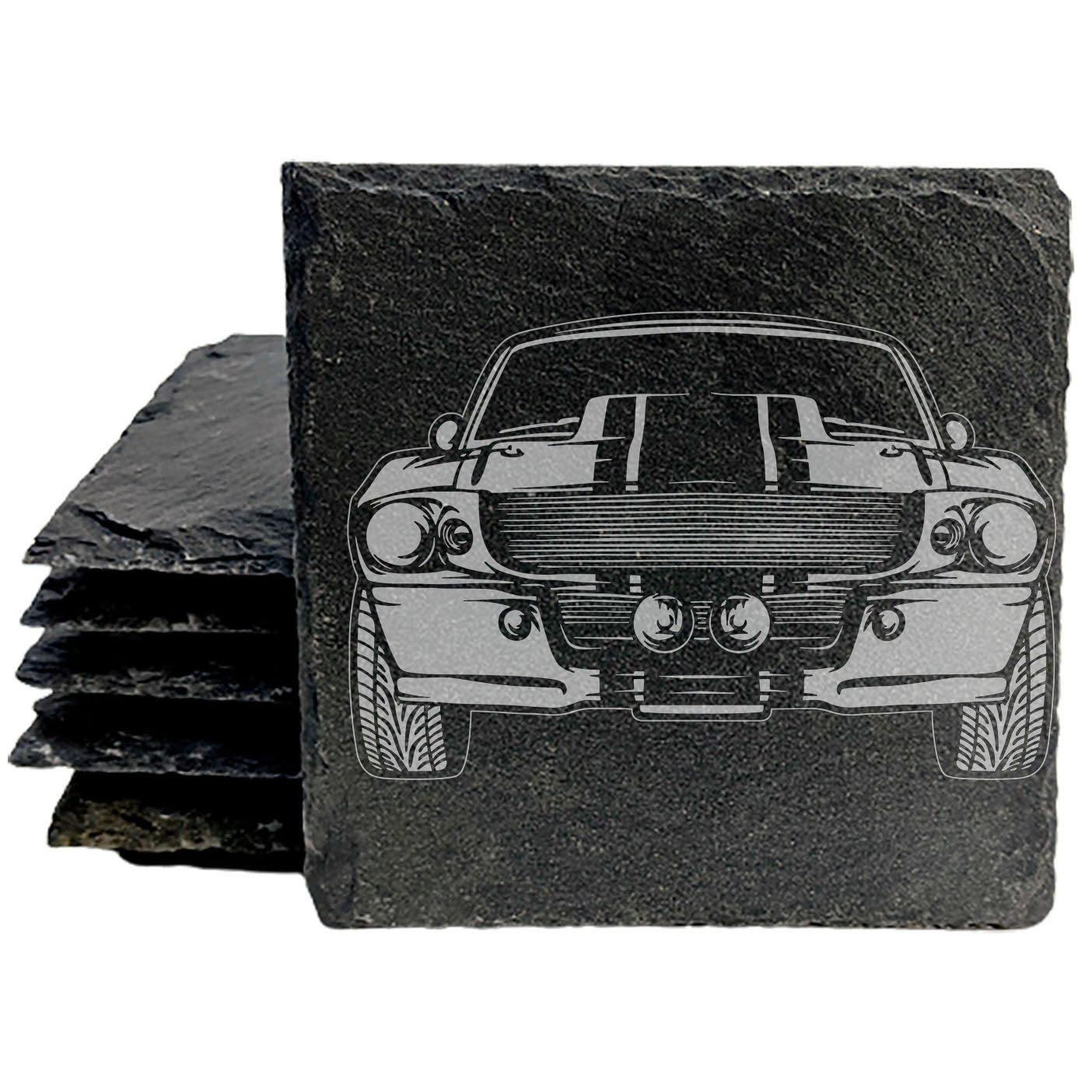 Ford Mustang Shelby GT500 Design Rustic Gray Slate Coasters Set of 4 - Laser Etched, Natural Chipped Edge, Rubber Feet - Perfect for She-Shed or Man Cave, Gifts for Holidays & Birthdays - Made in USA
