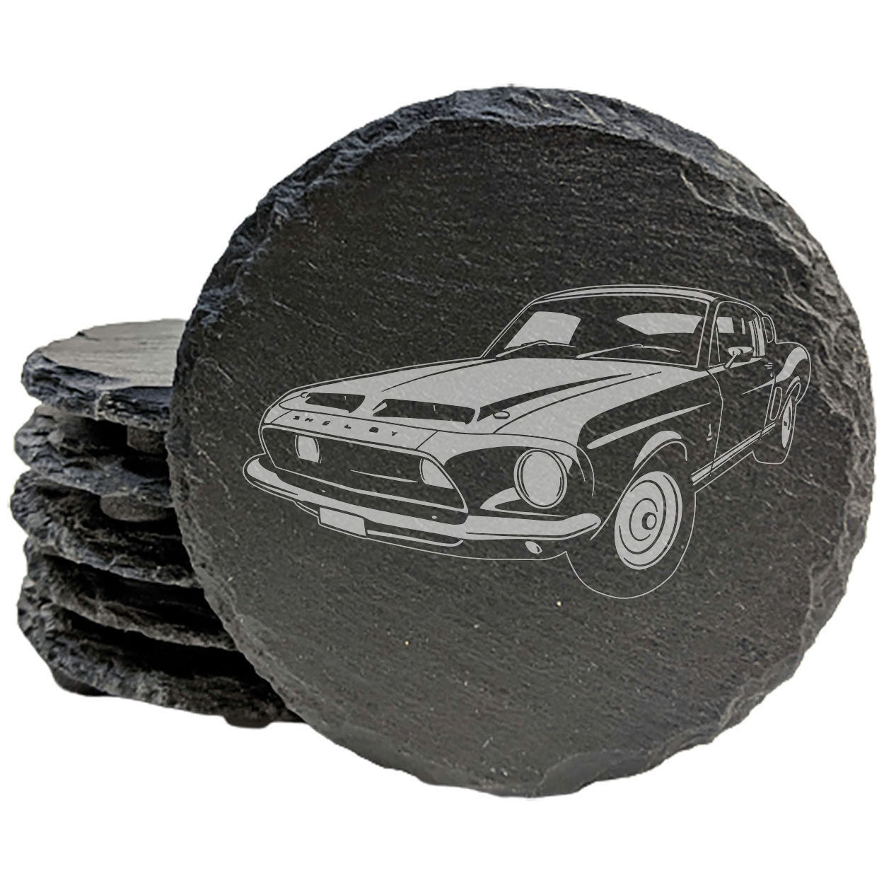 Ford Mustang Shelby GT500 Design Rustic Gray Slate Coasters Set of 4 - Laser Etched, Natural Chipped Edge, Rubber Feet - Perfect Gift for Holidays, Birthdays, Housewarming - Made in Oregon USA