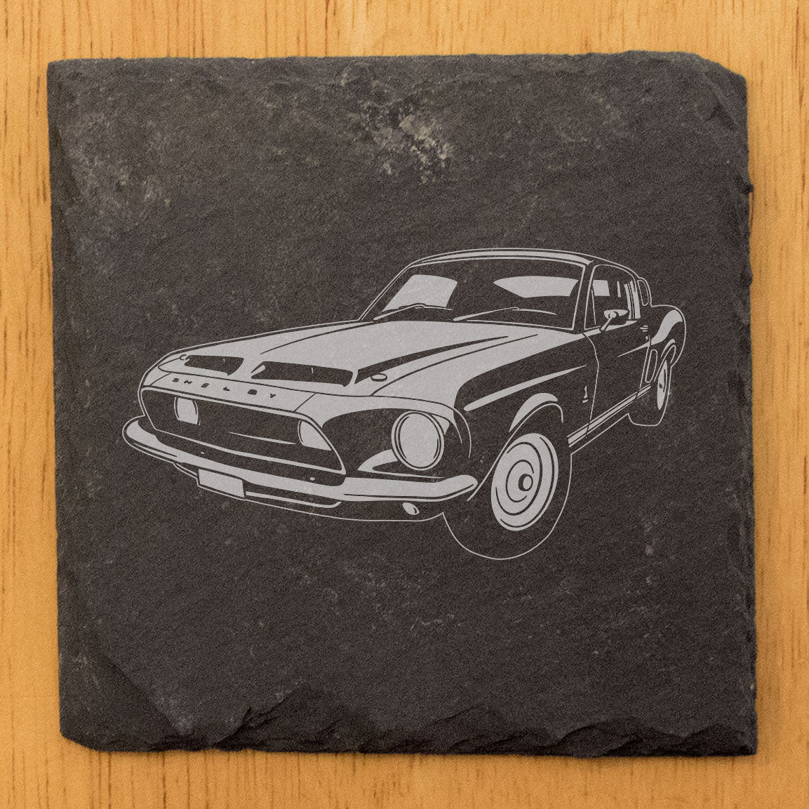 Ford Mustang Shelby GT500 Design Rustic Gray Slate Coasters Set of 4 - Laser Etched, Natural Chipped Edge, Rubber Feet - Perfect Gift for Holidays, Birthdays, Housewarming - Made in Oregon USA