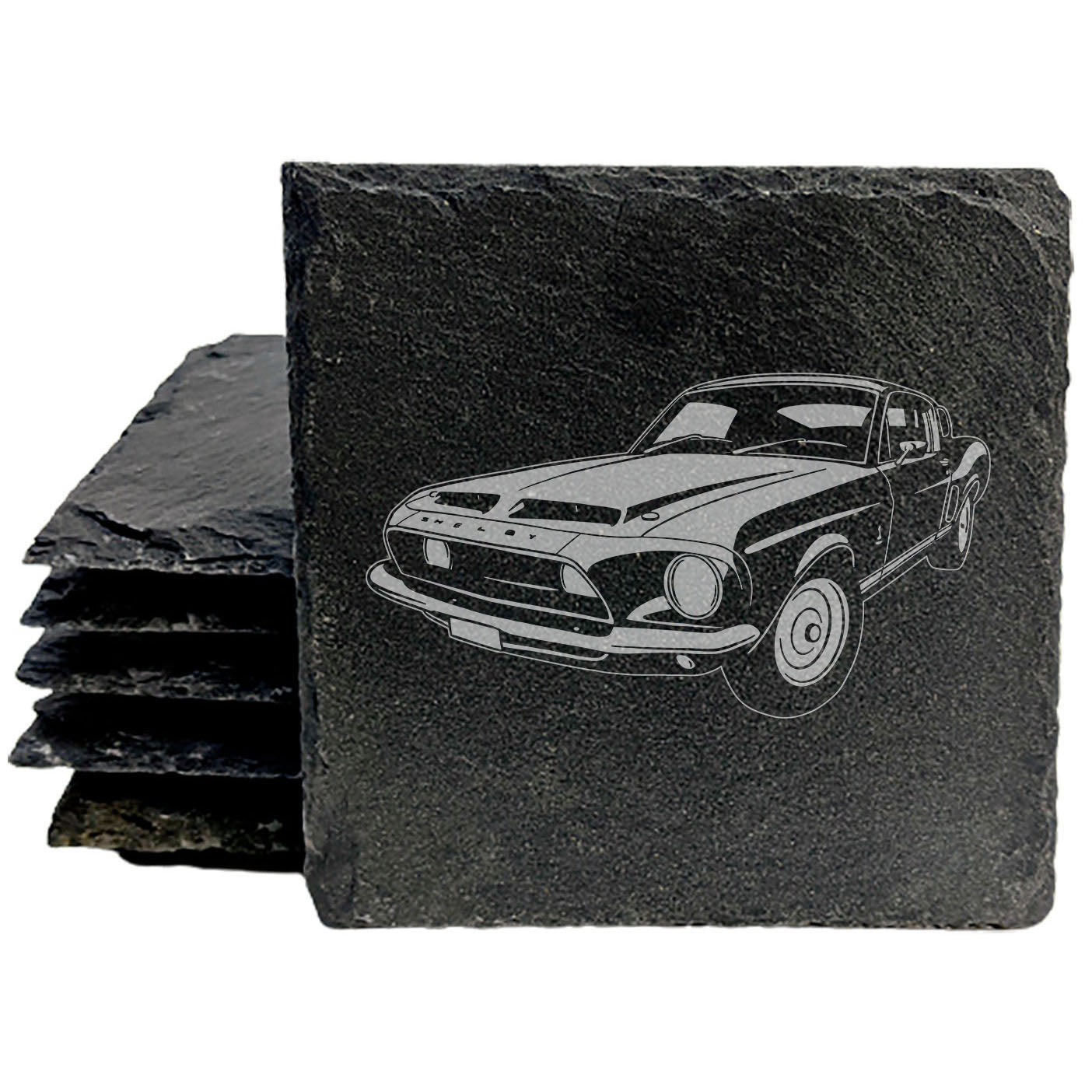 Ford Mustang Shelby GT500 Design Rustic Gray Slate Coasters Set of 4 - Laser Etched, Natural Chipped Edge, Rubber Feet - Perfect Gift for Holidays, Birthdays, Housewarming - Made in Oregon USA