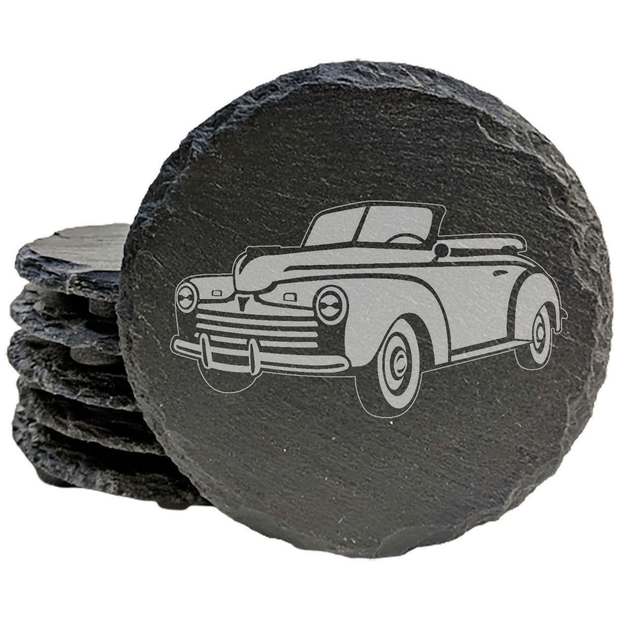 Rustic Slate Coasters Set | Laser-Etched 1946 Ford Super Deluxe Design | Vintage-Inspired Drink Mats for Home Decor & Car Enthusiasts