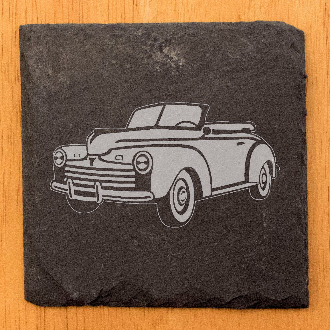 Rustic Slate Coasters Set | Laser-Etched 1946 Ford Super Deluxe Design | Vintage-Inspired Drink Mats for Home Decor & Car Enthusiasts