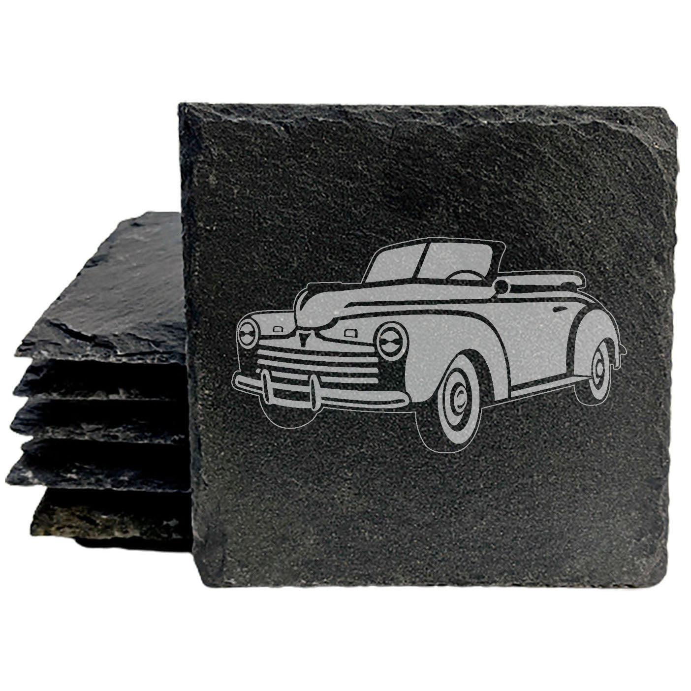 Rustic Slate Coasters Set | Laser-Etched 1946 Ford Super Deluxe Design | Vintage-Inspired Drink Mats for Home Decor & Car Enthusiasts