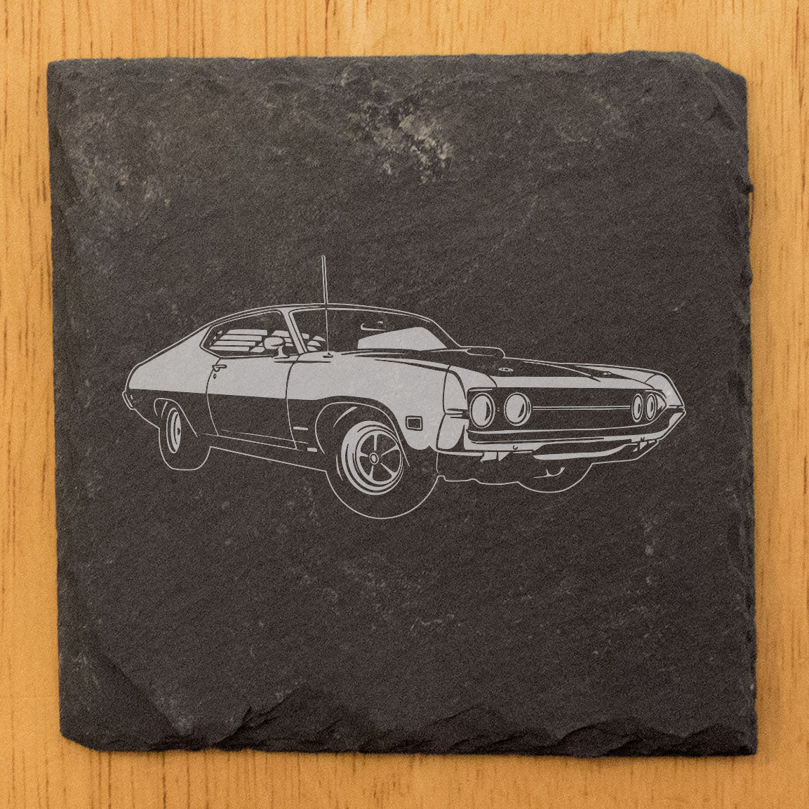 1970 Ford Torino Cobra Design Rustic Gray Slate Coasters Set of 4 - Perfect All-Occasion Gifts for Holidays, Birthdays, Housewarming - Round or Square with Natural Edge & Rubber Feet - Made in USA