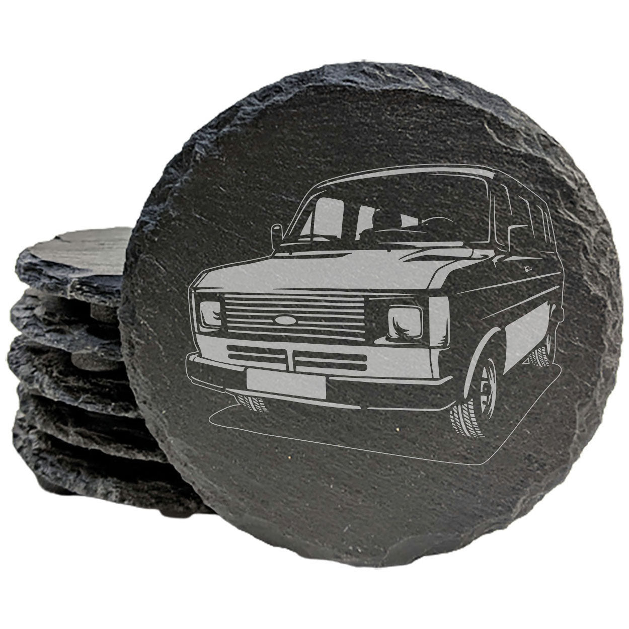 Ford Transit MK2 Van Design Rustic Gray Slate Coasters Set of 4 - Laser Etched, Natural Chipped Edge, Rubber Feet - Perfect Gift for Holidays, Birthdays, Housewarming - Made in Oregon USA