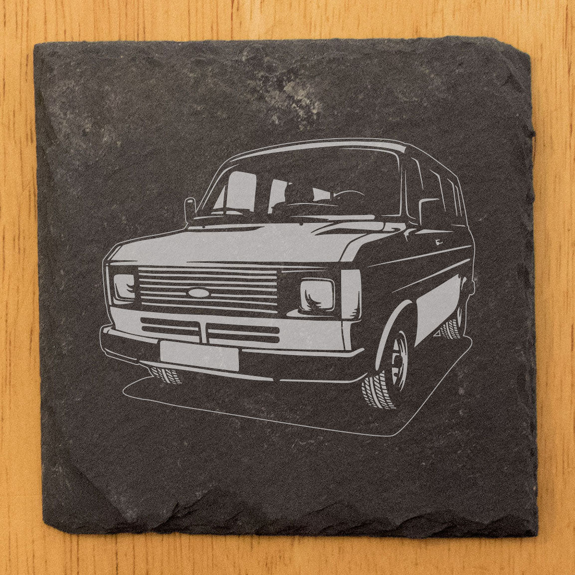Ford Transit MK2 Van Design Rustic Gray Slate Coasters Set of 4 - Laser Etched, Natural Chipped Edge, Rubber Feet - Perfect Gift for Holidays, Birthdays, Housewarming - Made in Oregon USA