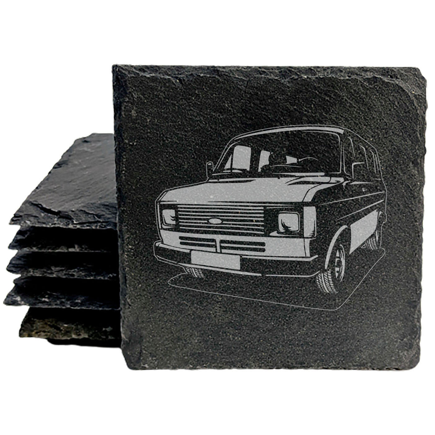 Ford Transit MK2 Van Design Rustic Gray Slate Coasters Set of 4 - Laser Etched, Natural Chipped Edge, Rubber Feet - Perfect Gift for Holidays, Birthdays, Housewarming - Made in Oregon USA