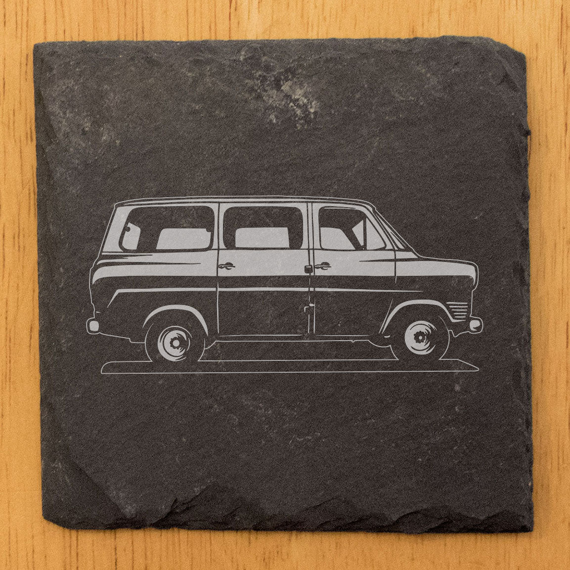 1965 Ford Transit MK1 Van Design Rustic Gray Slate Coasters Set of 4 - Perfect for She-Shed, Man Cave, Holidays & Birthdays - Natural Chipped Edge with Rubber Feet - Made in Oregon by Small Business