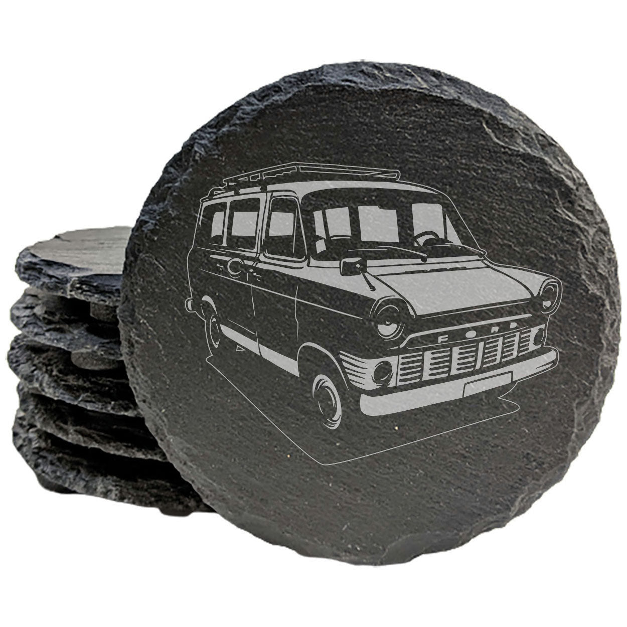 1965 Ford Transit MK1 Van Design Rustic Gray Slate Coasters Set of 4 - Perfect for She-Shed, Man Cave, Holidays & Birthdays - Natural Chipped Edge with Rubber Feet - Made in Oregon by Small Business