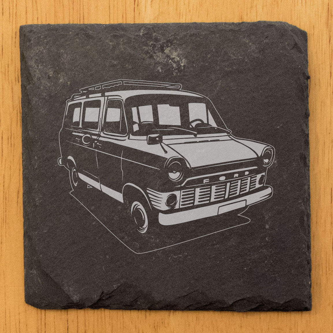 1965 Ford Transit MK1 Van Design Rustic Gray Slate Coasters Set of 4 - Perfect for She-Shed, Man Cave, Holidays & Birthdays - Natural Chipped Edge with Rubber Feet - Made in Oregon by Small Business