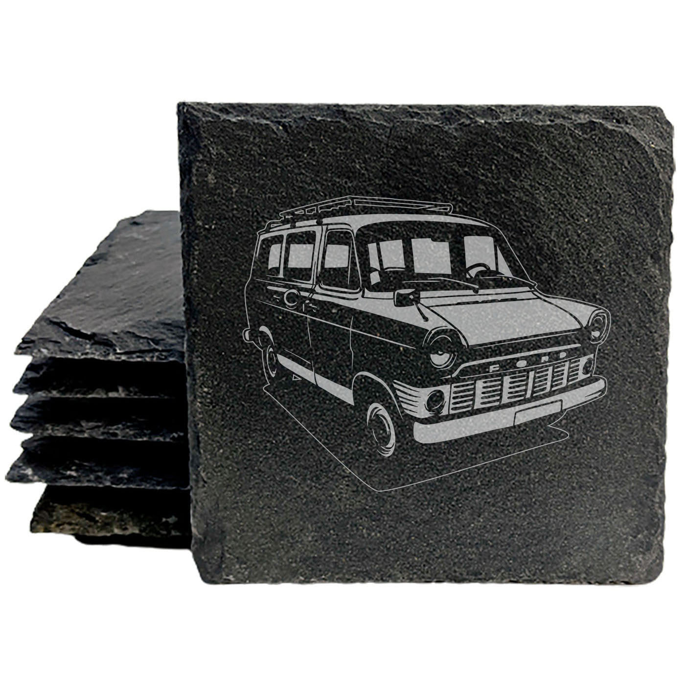 1965 Ford Transit MK1 Van Design Rustic Gray Slate Coasters Set of 4 - Perfect for She-Shed, Man Cave, Holidays & Birthdays - Natural Chipped Edge with Rubber Feet - Made in Oregon by Small Business