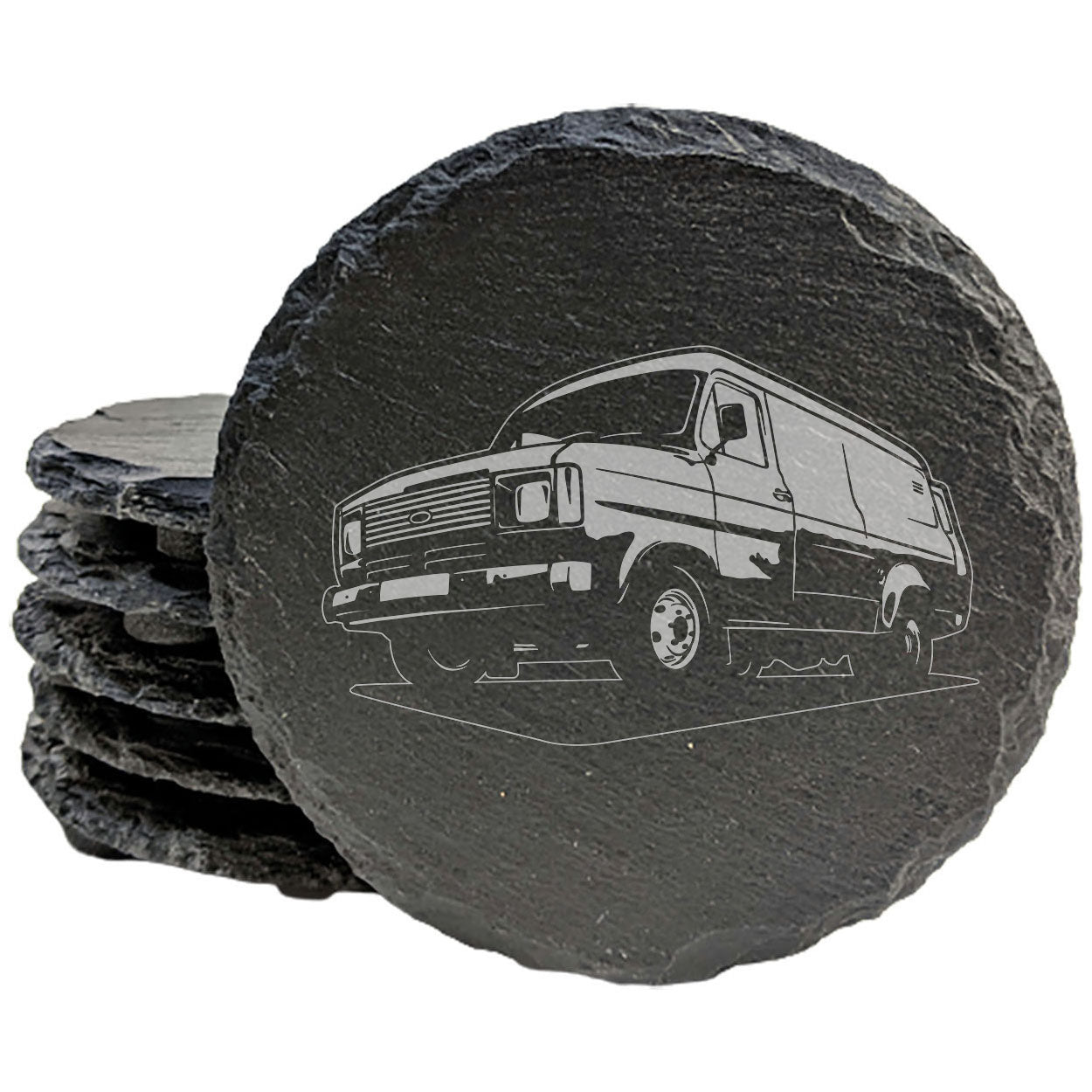 Ford Transit MK2 Van Design Rustic Gray Slate Coasters Set of 4 - Laser Etched, Natural Chipped Edge, Rubber Feet, Round or Square Options - Perfect for Birthdays & Housewarming by Oregon Small Biz