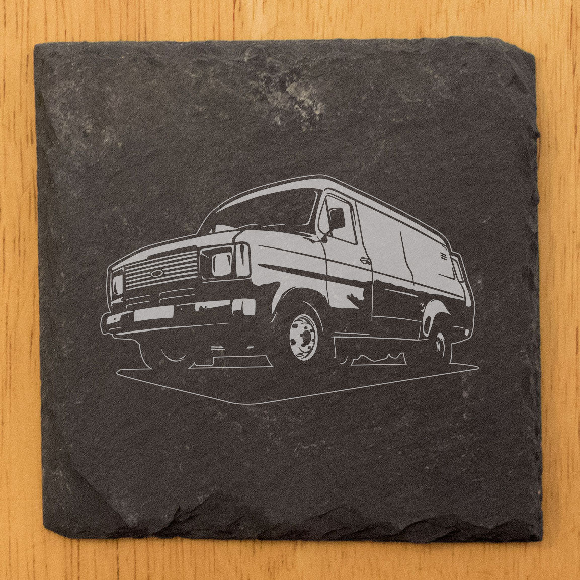Ford Transit MK2 Van Design Rustic Gray Slate Coasters Set of 4 - Laser Etched, Natural Chipped Edge, Rubber Feet, Round or Square Options - Perfect for Birthdays & Housewarming by Oregon Small Biz