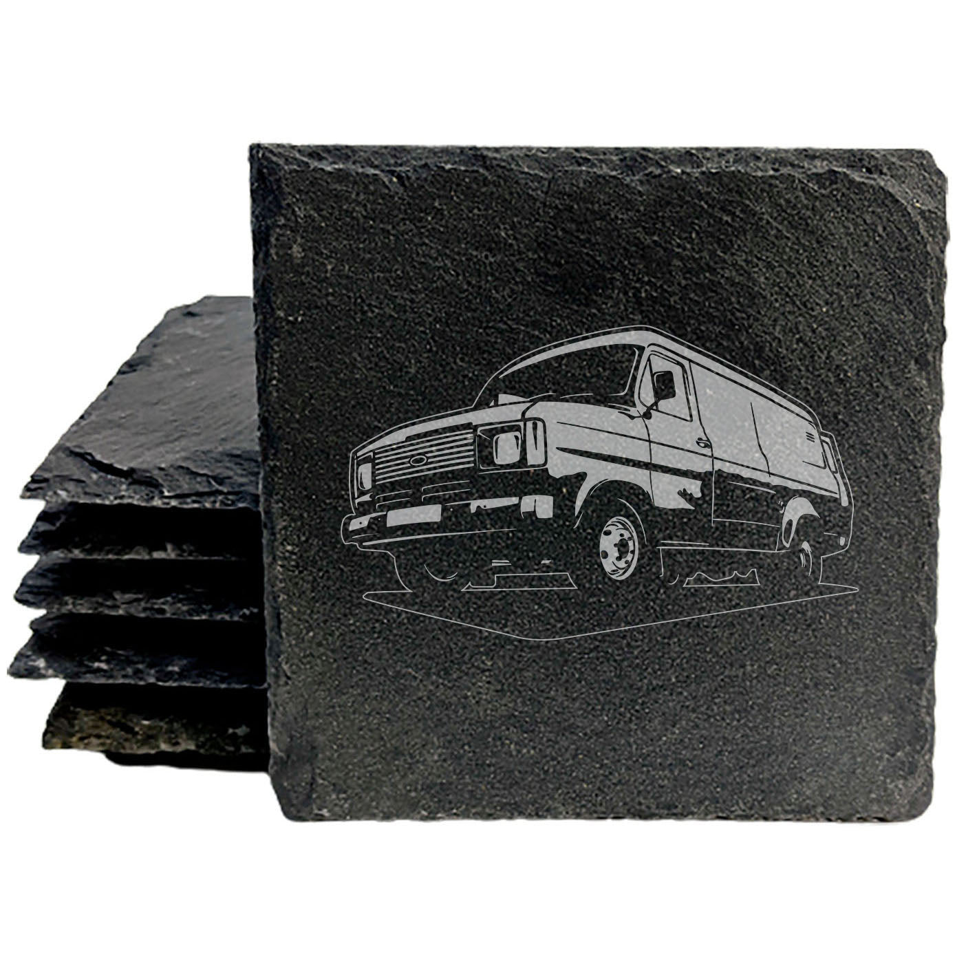 Ford Transit MK2 Van Design Rustic Gray Slate Coasters Set of 4 - Laser Etched, Natural Chipped Edge, Rubber Feet, Round or Square Options - Perfect for Birthdays & Housewarming by Oregon Small Biz
