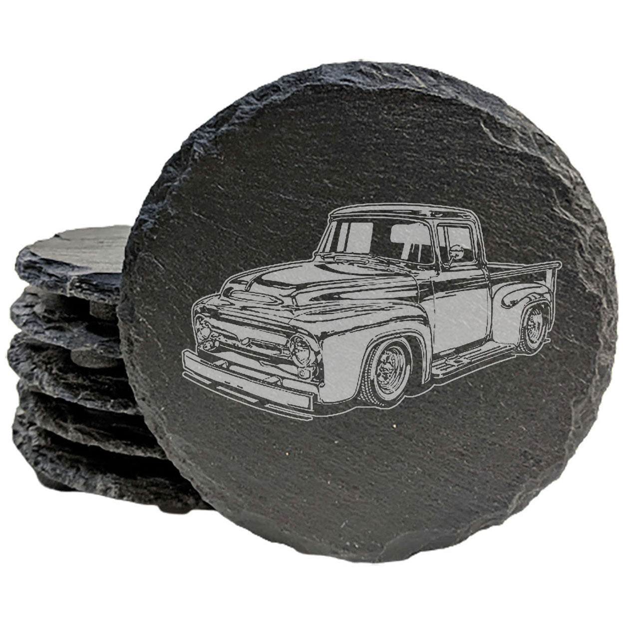 Vintage-Inspired Rustic Slate Coasters Set | Laser-Etched '56 Ford Truck Design | Protective Rubber Feet | Home Decor and Drinkware Accent