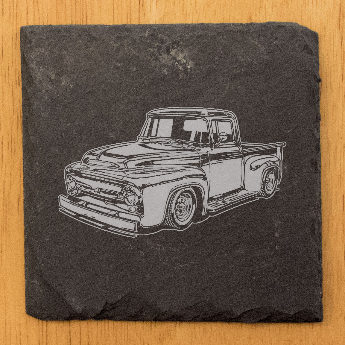 Vintage-Inspired Rustic Slate Coasters Set | Laser-Etched '56 Ford Truck Design | Protective Rubber Feet | Home Decor and Drinkware Accent