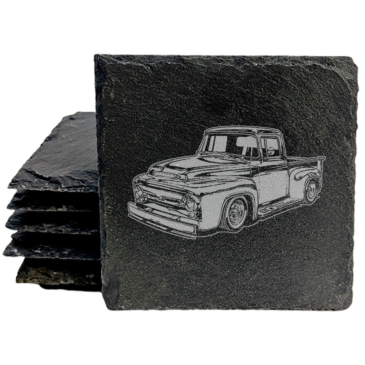 Vintage-Inspired Rustic Slate Coasters Set | Laser-Etched '56 Ford Truck Design | Protective Rubber Feet | Home Decor and Drinkware Accent