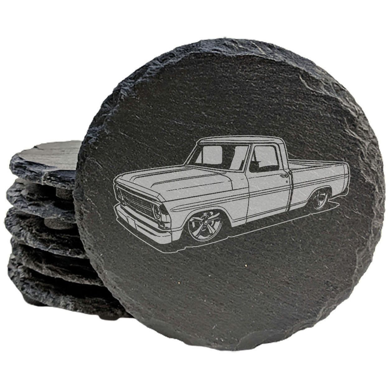 Vintage 70's Ford Truck Design Rustic Slate Coasters | Laser-Etched Home Decor Drink Mats