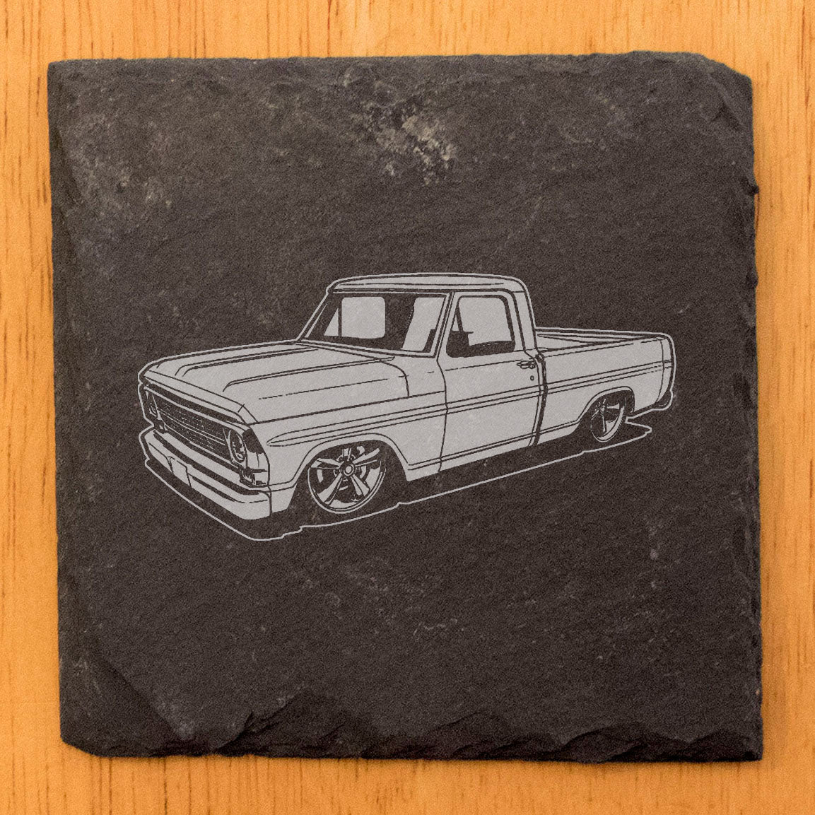 Vintage 70's Ford Truck Design Rustic Slate Coasters | Laser-Etched Home Decor Drink Mats