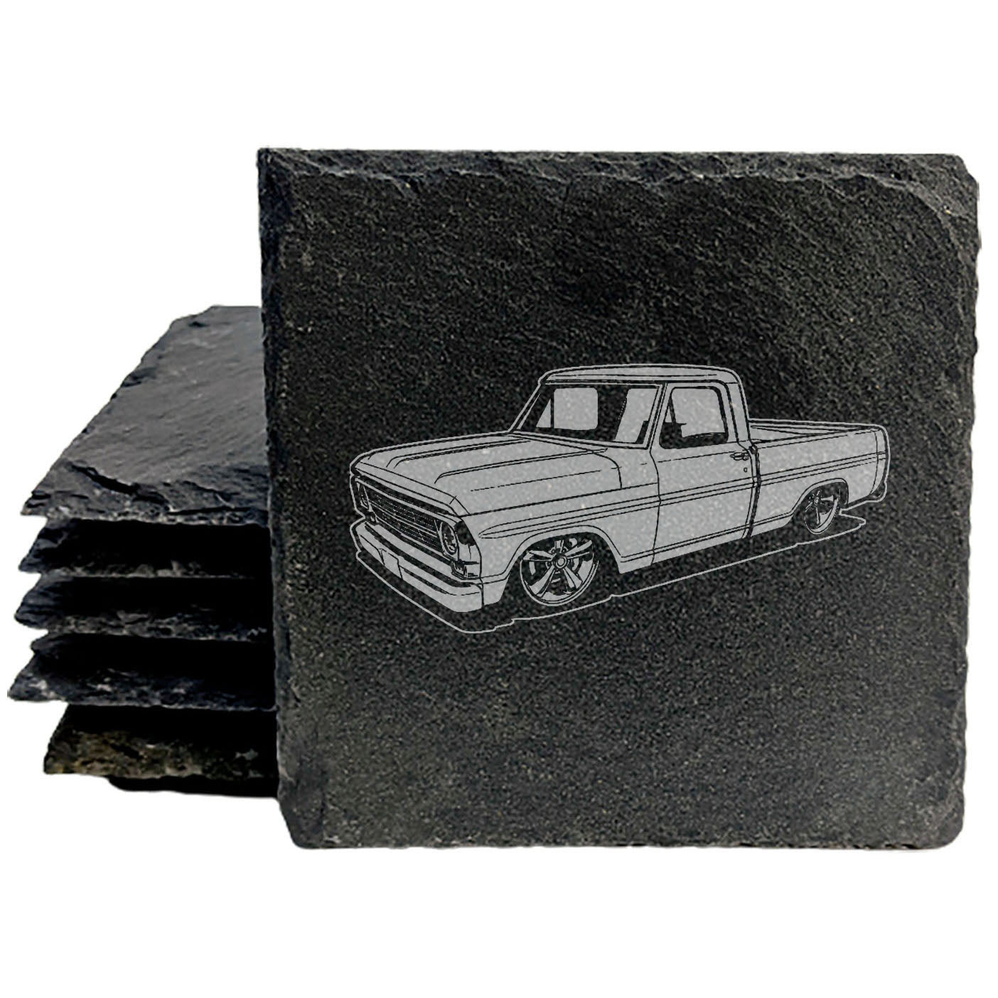 Vintage 70's Ford Truck Design Rustic Slate Coasters | Laser-Etched Home Decor Drink Mats