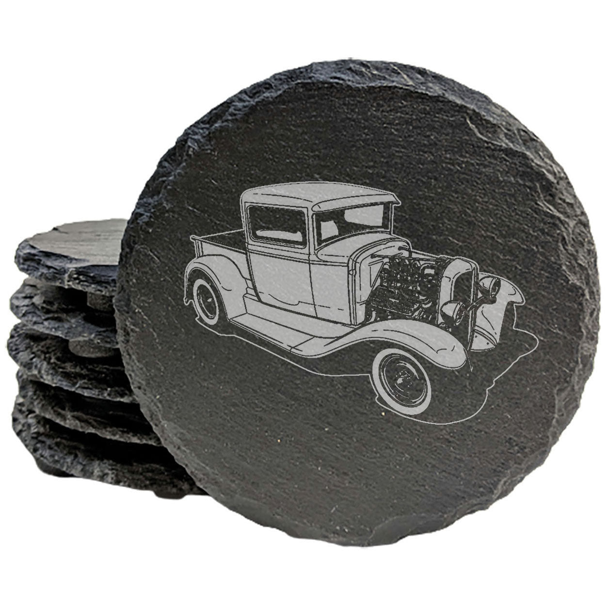 Handcrafted Rustic Slate Coasters Set with Laser-Etched 32 Ford Truck Hotrod Design - Stylish Drink Coasters for Home Decor and Car Enthusiasts