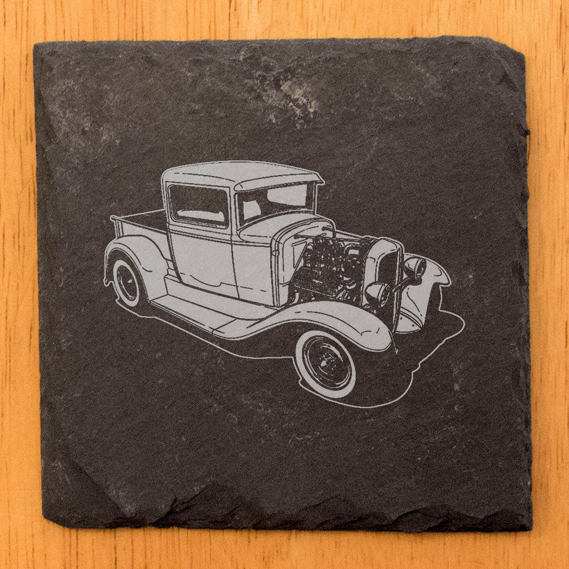 Handcrafted Rustic Slate Coasters Set with Laser-Etched 32 Ford Truck Hotrod Design - Stylish Drink Coasters for Home Decor and Car Enthusiasts