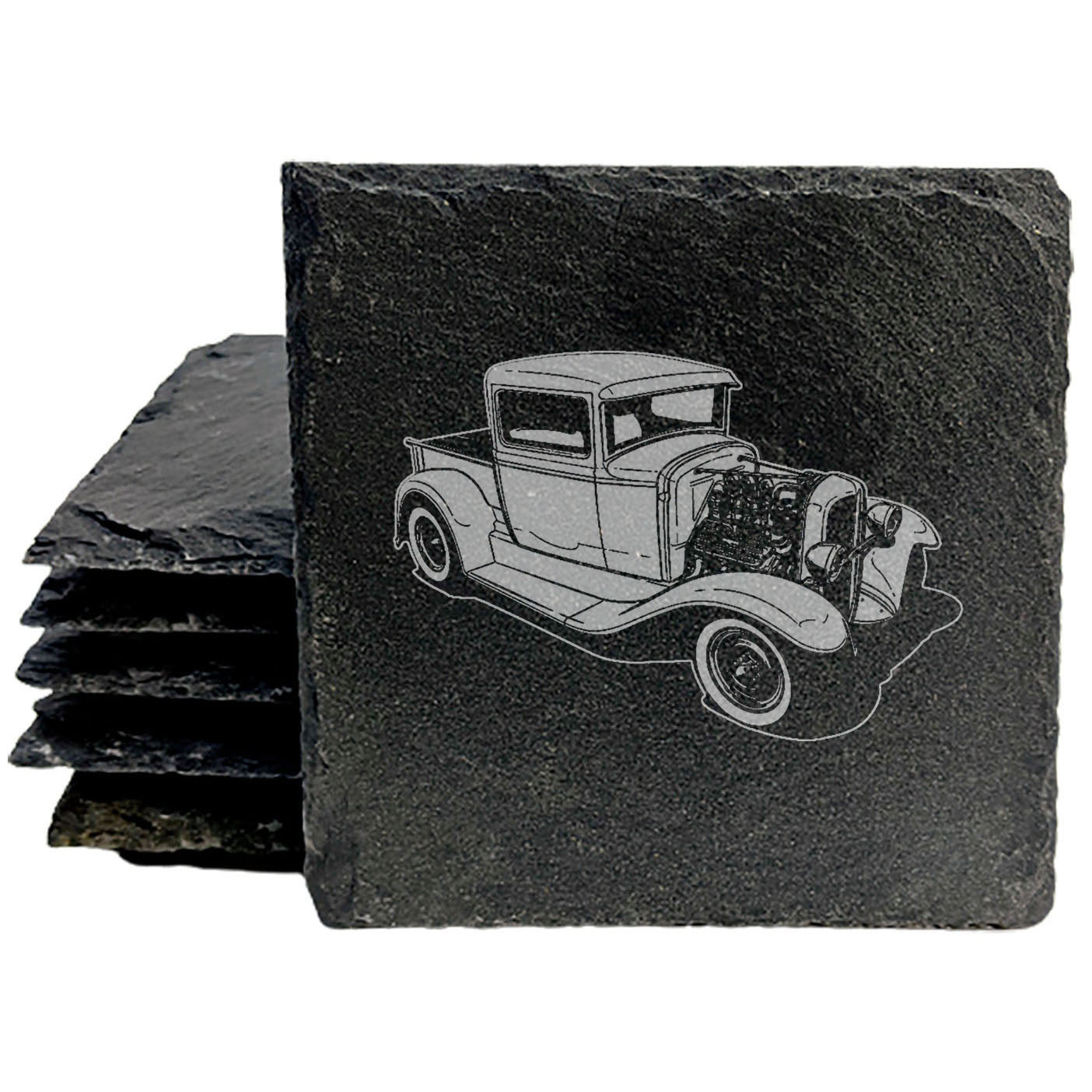 Handcrafted Rustic Slate Coasters Set with Laser-Etched 32 Ford Truck Hotrod Design - Stylish Drink Coasters for Home Decor and Car Enthusiasts
