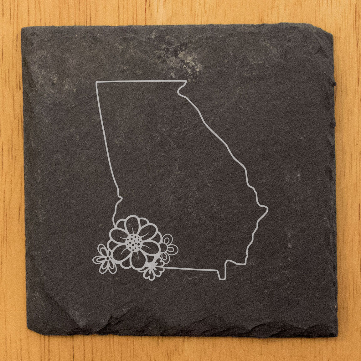 Rustic Slate Coasters Set of 4 - Georgia State Outline Design with Flower - Perfect Gift for Holidays, Birthdays, Housewarming - 4" Round or Square - Made in Oregon, USA - Natural Chipped Edge