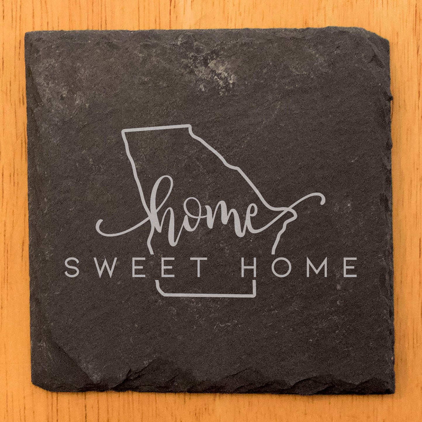 Rustic Slate Coasters Set of 4 - Round 4" with 'Home Sweet Home' Georgia Design, Perfect for Holidays, Birthdays, Housewarming Gifts - Made in Oregon, USA - Natural Chipped Edge, Rubber Feet