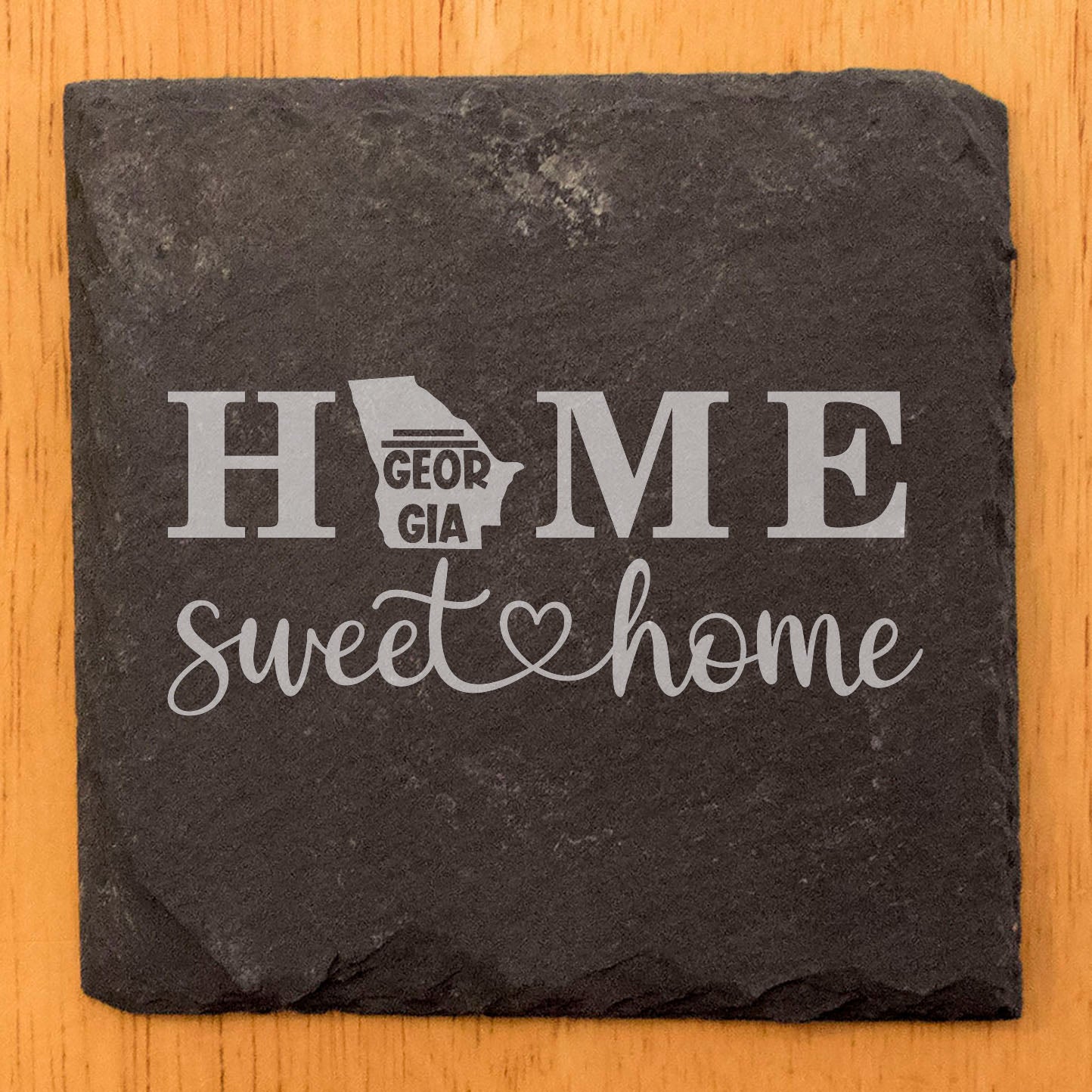 Rustic Slate Coasters Set of 4, 4" Round, Laser Etched 'HOME SWEET HOME' Design, Georgia State Shape, Perfect Gift for Holidays, Birthdays, Housewarming, Made in Oregon, USA, Natural Chipped Edge