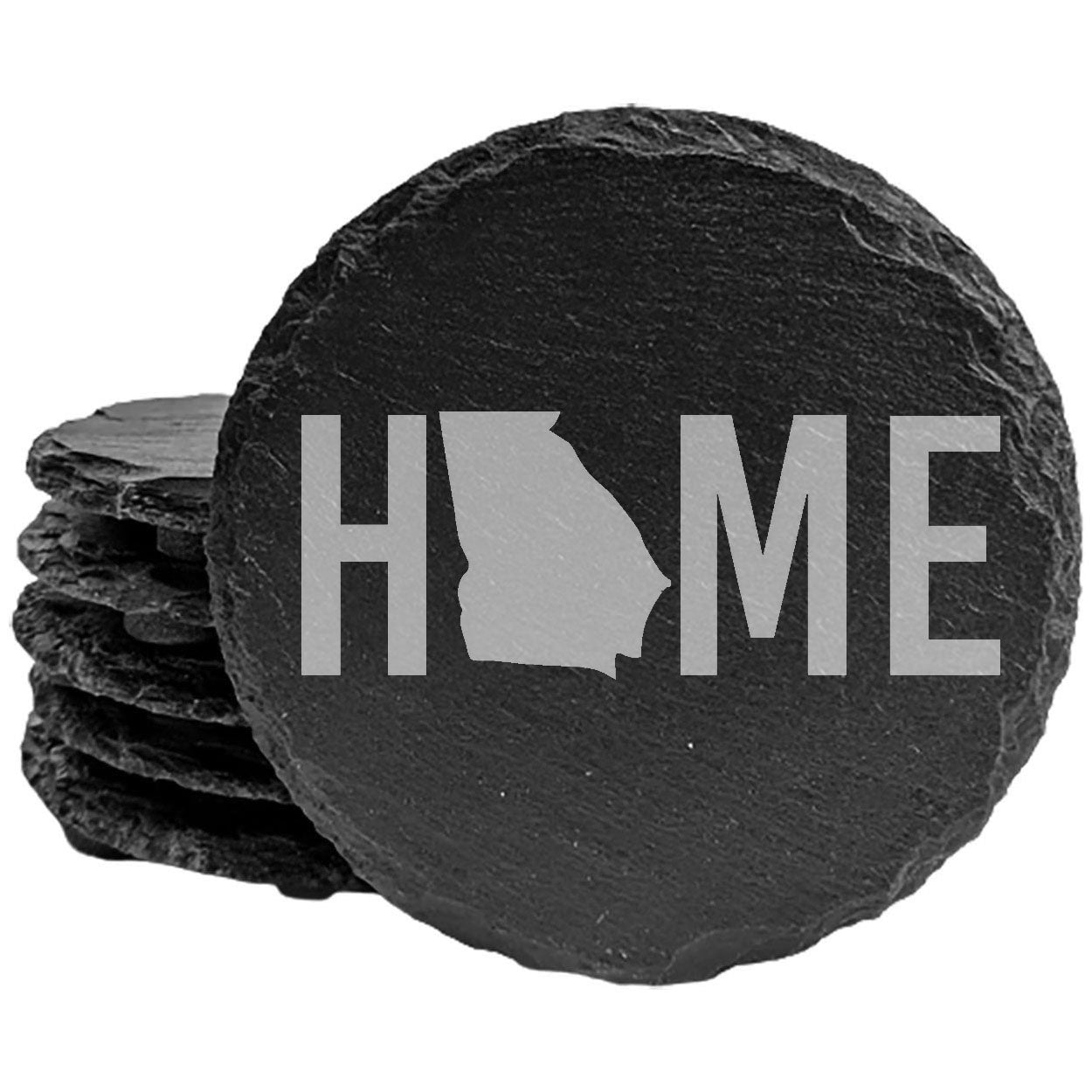 Rustic Slate Coasters Set of 4, Laser Etched 'HOME' Design with Georgia State, 4" Round, Natural Chipped Edge, Rubber Feet, , Perfect for Holidays, Birthdays, Housewarming, USA Made