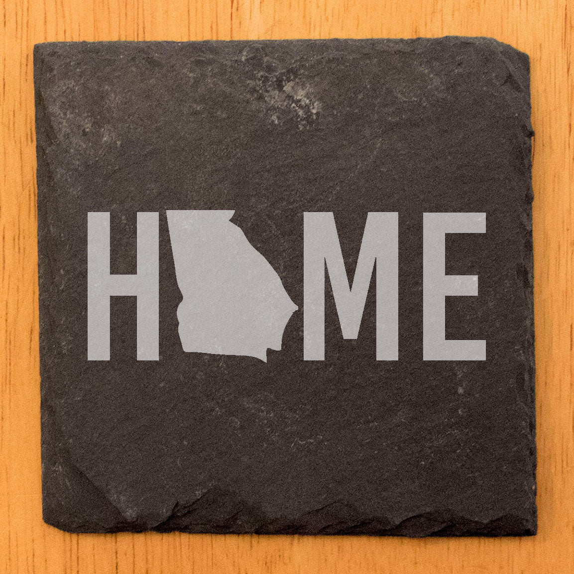 Rustic Slate Coasters Set of 4, Laser Etched 'HOME' Design with Georgia State, 4" Round, Natural Chipped Edge, Rubber Feet, , Perfect for Holidays, Birthdays, Housewarming, USA Made