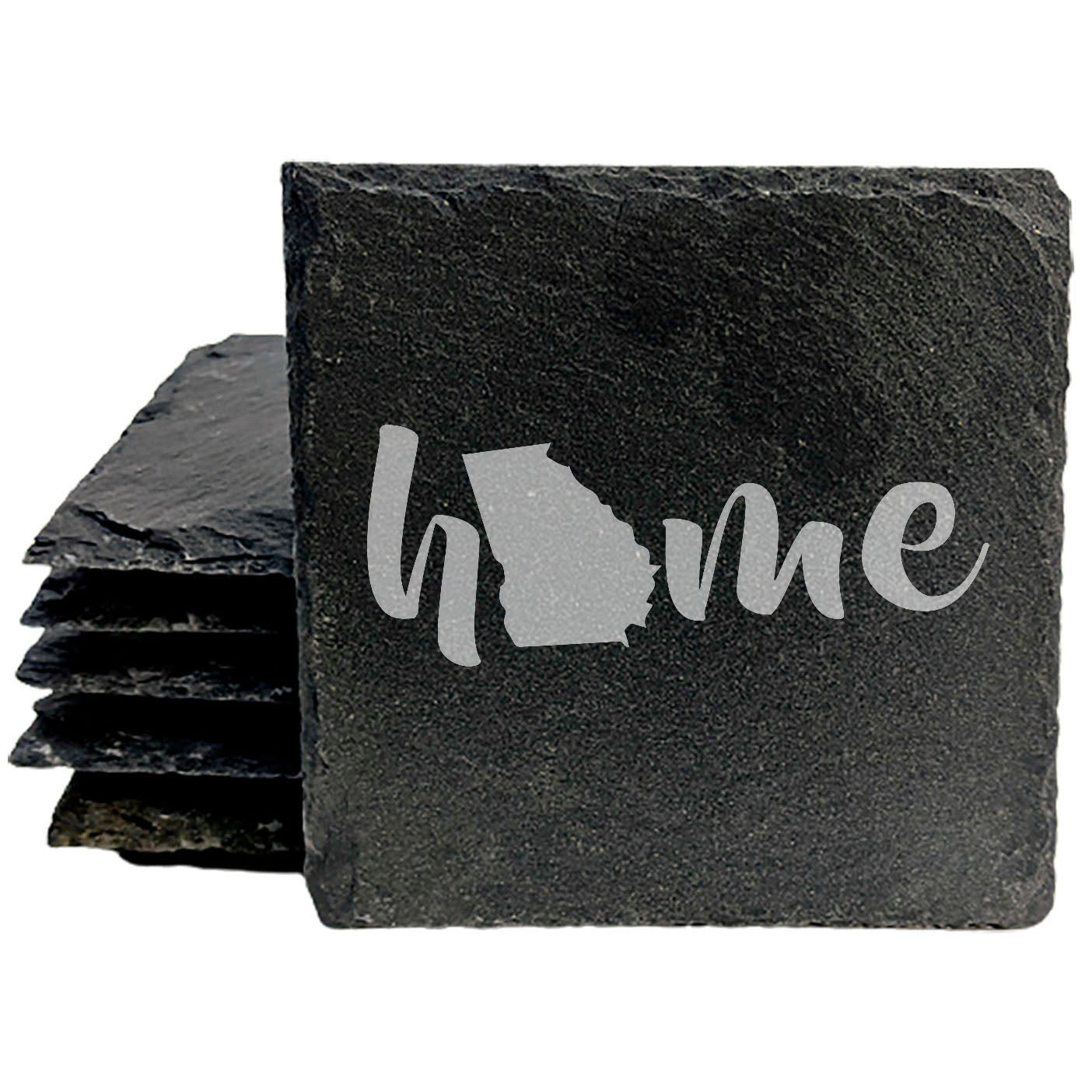 Rustic Slate Coasters Set of 4 - Laser Etched 'Home' Design with Georgia State - Perfect Gift for Holidays, Birthdays, Housewarming - 4" Round/Square - Made in Oregon, USA - Natural Chipped Edge