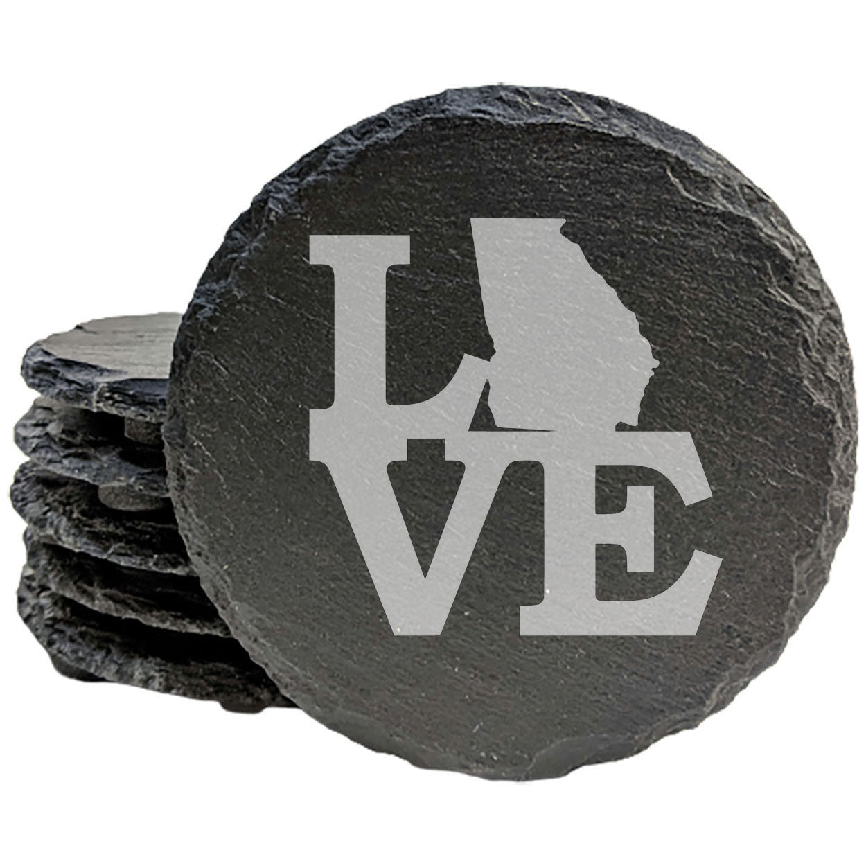 Rustic Slate Coasters Set of 4, Round 4" with 'LOVE' Georgia Design, Perfect Gift for Holidays, Birthdays, Housewarming, She-Shed, Man Cave, Made in Oregon, USA, Natural Chipped Edge, Rubber Feet