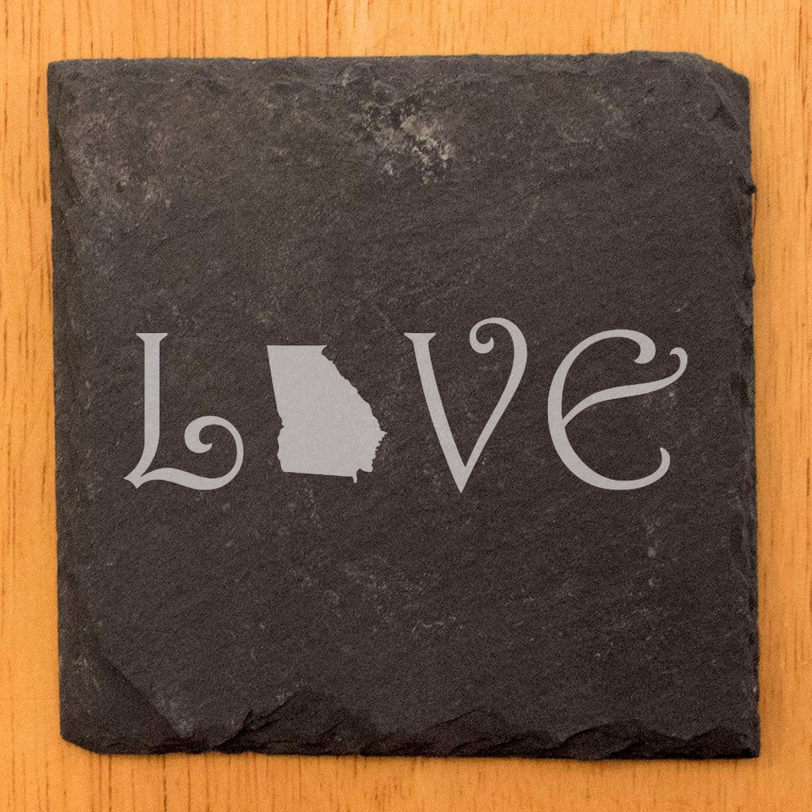 Rustic Slate Coasters Set of 4, Square 4" with 'LOVE' Georgia Design, Perfect for Holidays, Birthdays, Housewarming Gifts, She-Shed or Man Cave, Made in Oregon, USA, Natural Chipped Edge